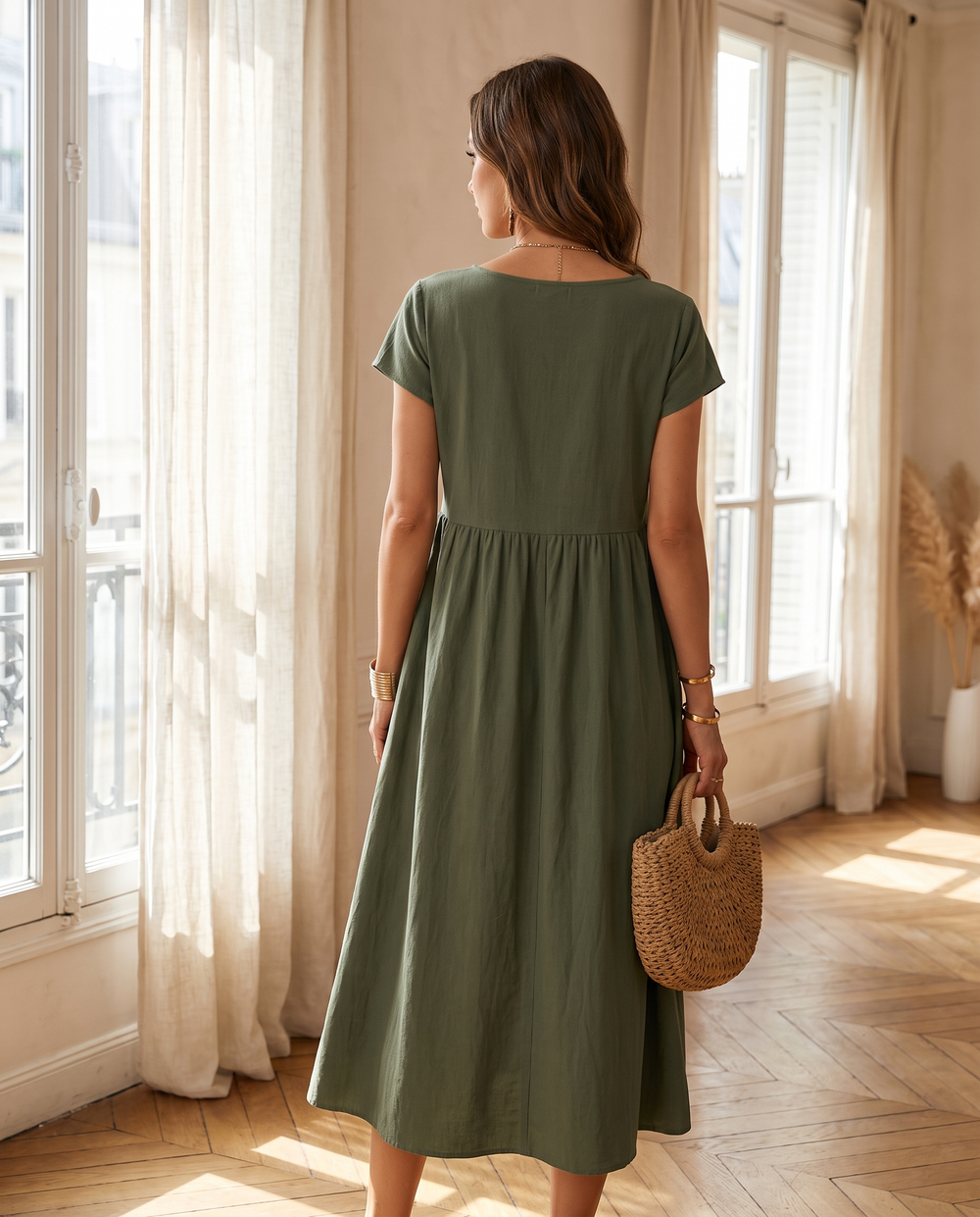 Fleur Robe Midi Manches Courtes