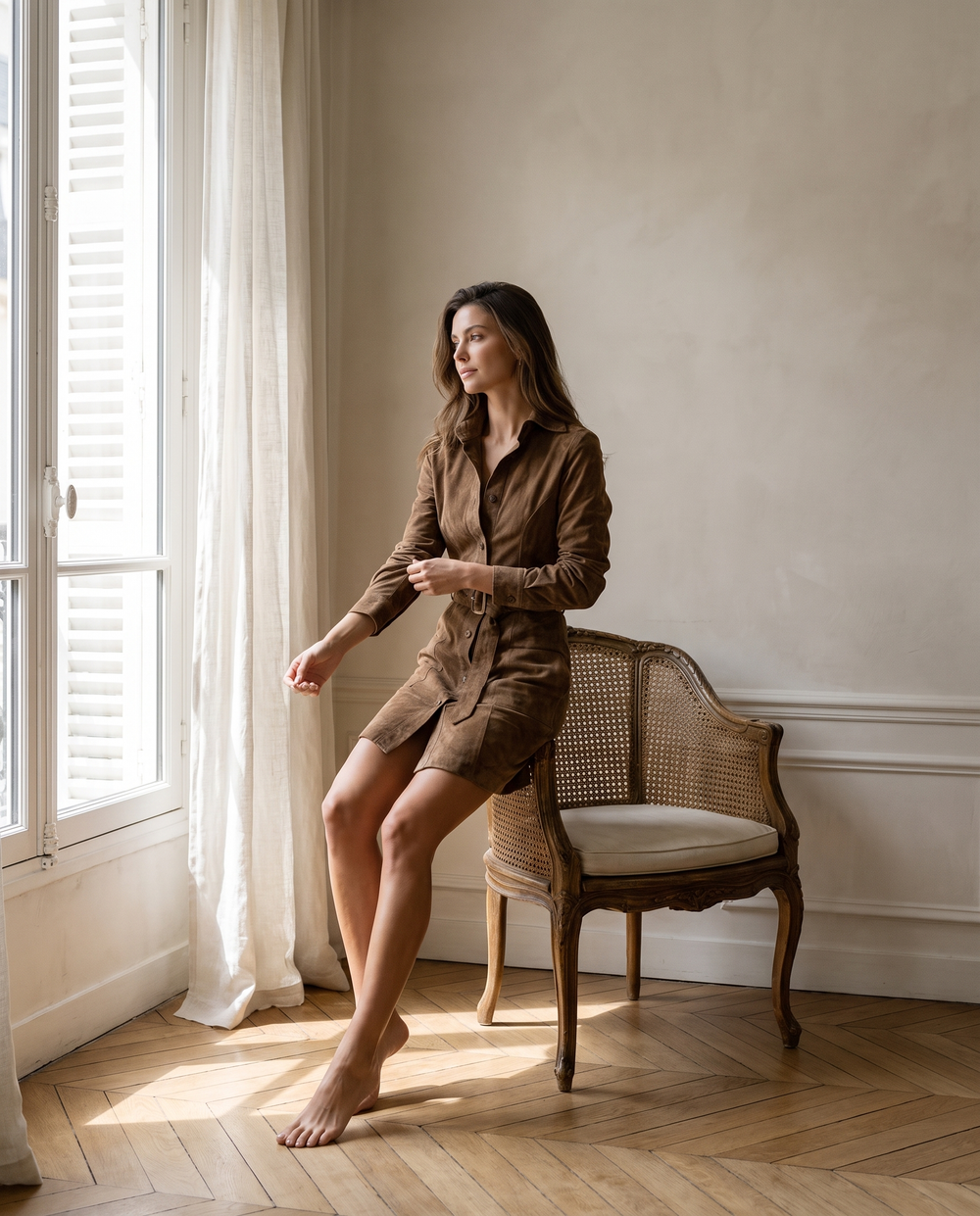 Automne Robe Chemisier Ceinturée Effet Daim