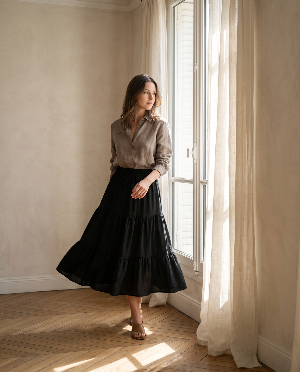 Margaux Jupe Midi à Volants Taille Haute