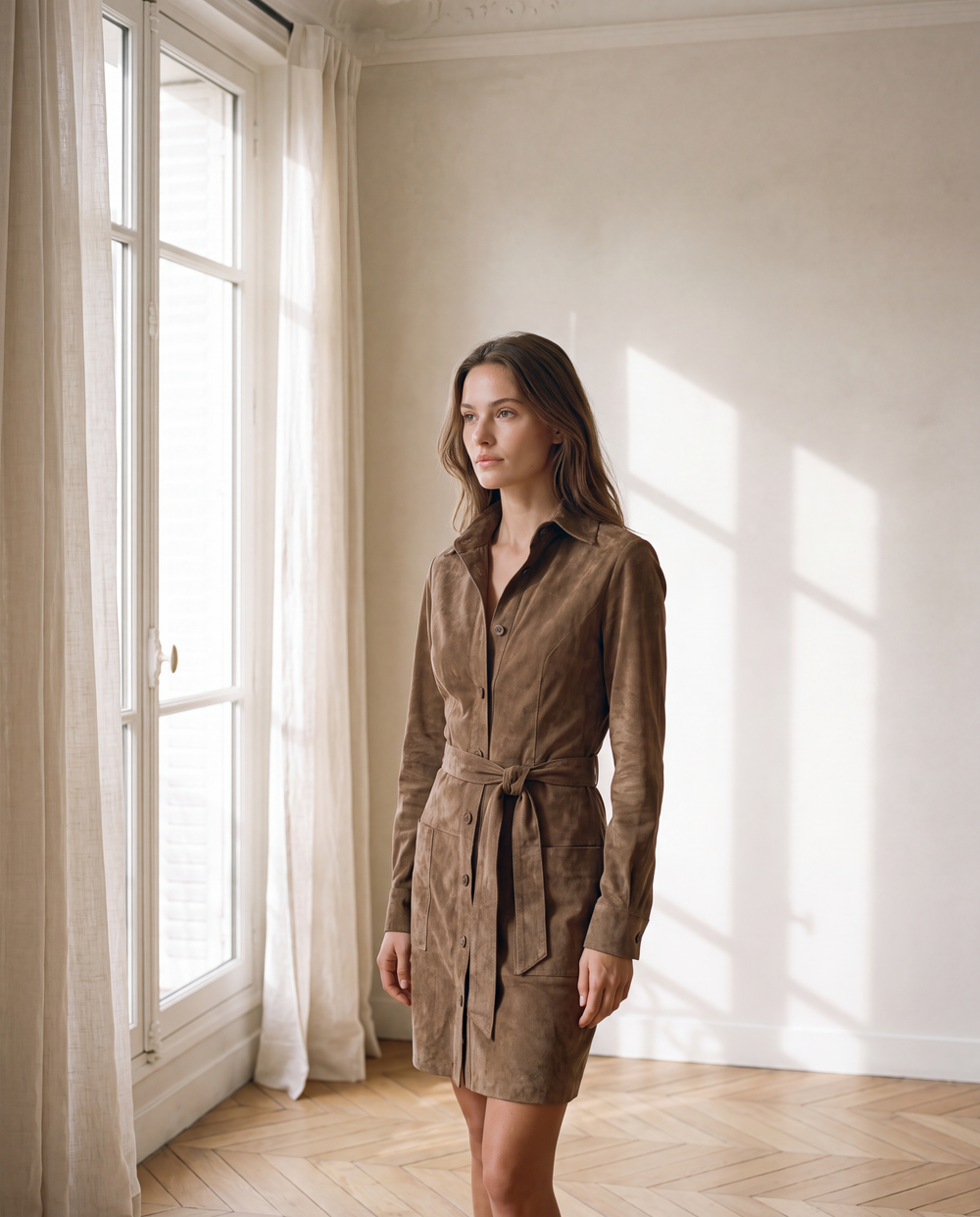 Automne Robe Chemisier Ceinturée Effet Daim