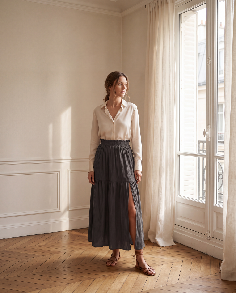 Margaux Jupe Midi à Volants Taille Haute