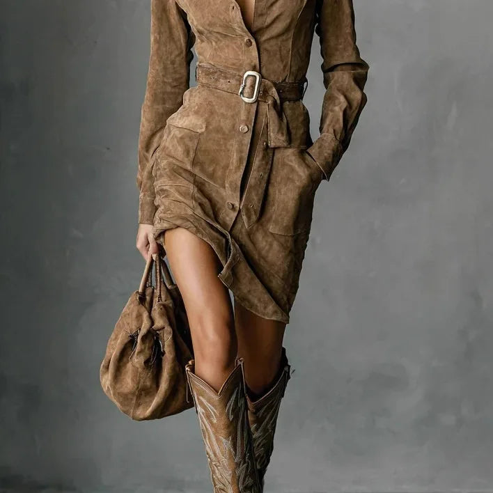 Automne Suede Belted Shirt Dress