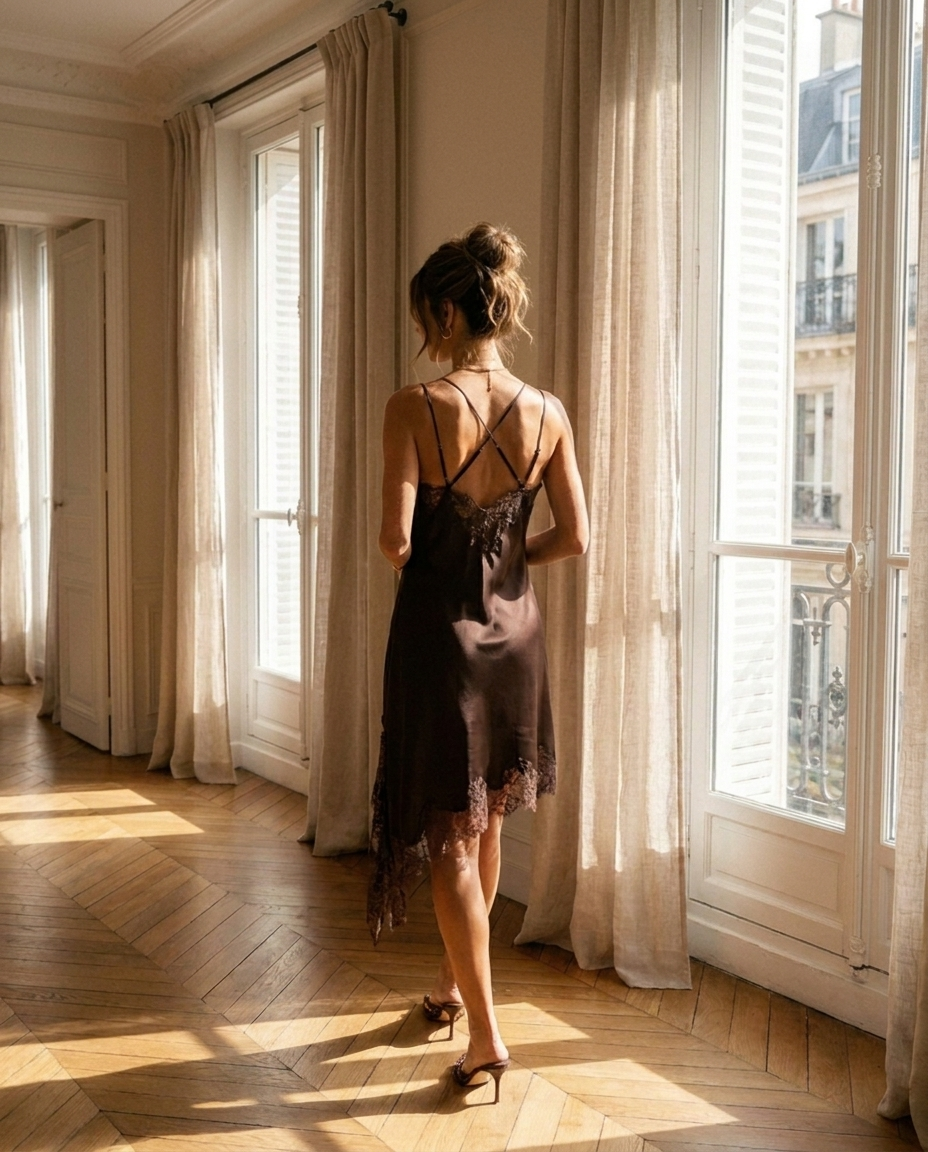 Cannes Satin Slip Mini Dress — back view